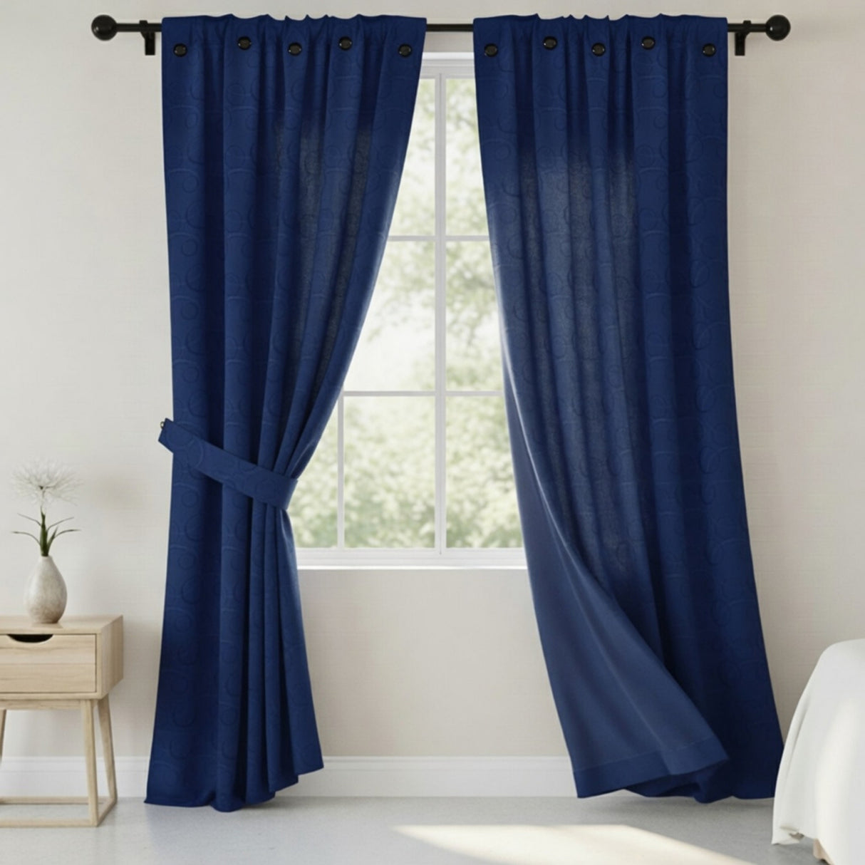 Cortina Jacquard Azul Oscuro 270x215cm Doble Faz de Simbolos Geometricos