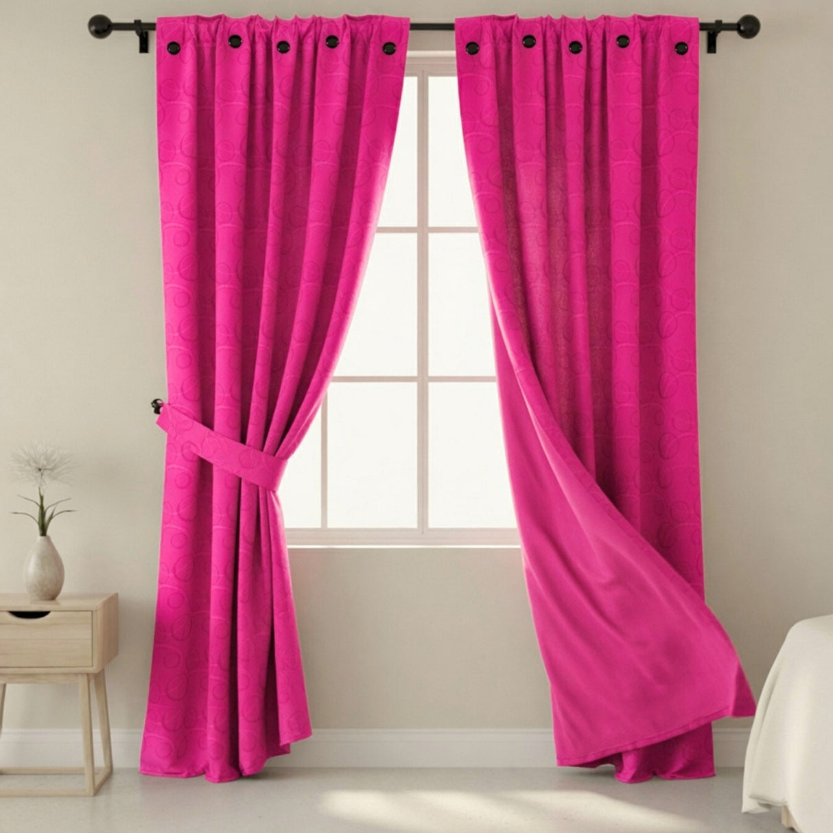 Cortina Jacquard Tradicional Fucsia 270x215cm Doble Faz de Simbolos Geometricos