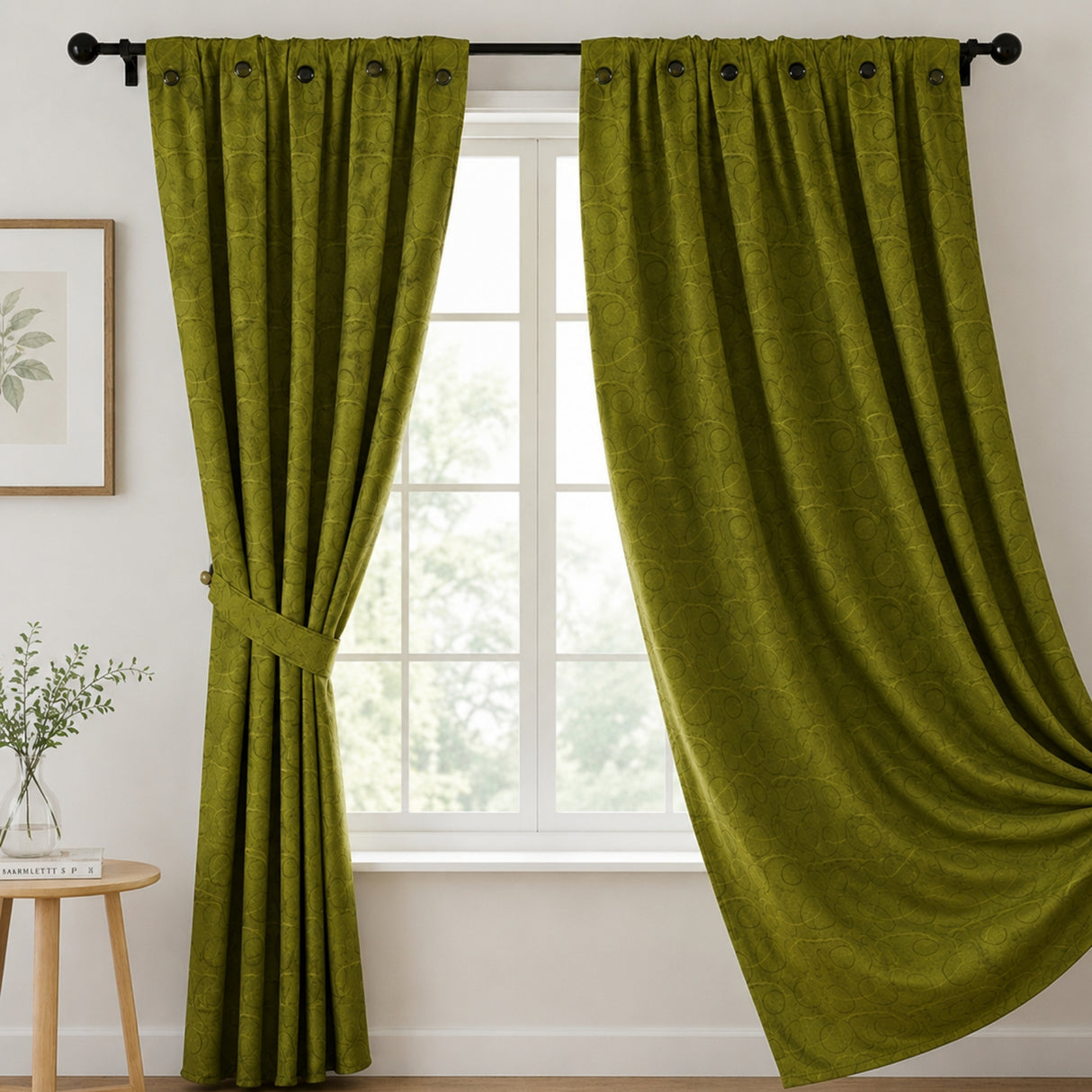 Cortina Jacquard Tradicional Verde Oliva 270x215cm Doble Faz de Simbolos Geometricos