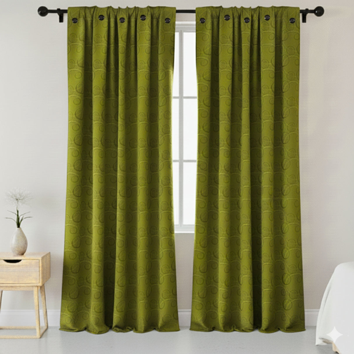 Cortina Jacquard Tradicional Verde Oliva 270x215cm Doble Faz de Simbolos Geometricos