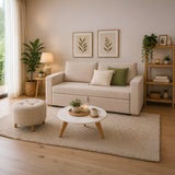 Sala Beige y Blanco 174x92cm con Un Sofá Cama Un Puff y Una Mesa de Centro