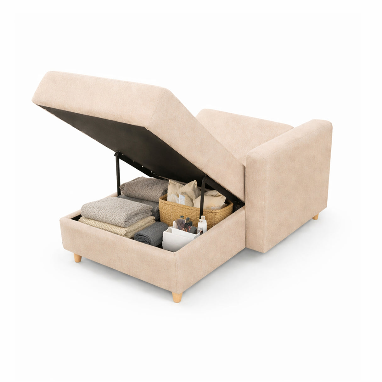 Sala Beige y Blanco 145x45cm con Un Sofá Cama Baúl Un Puff y Una Mesa de Centro