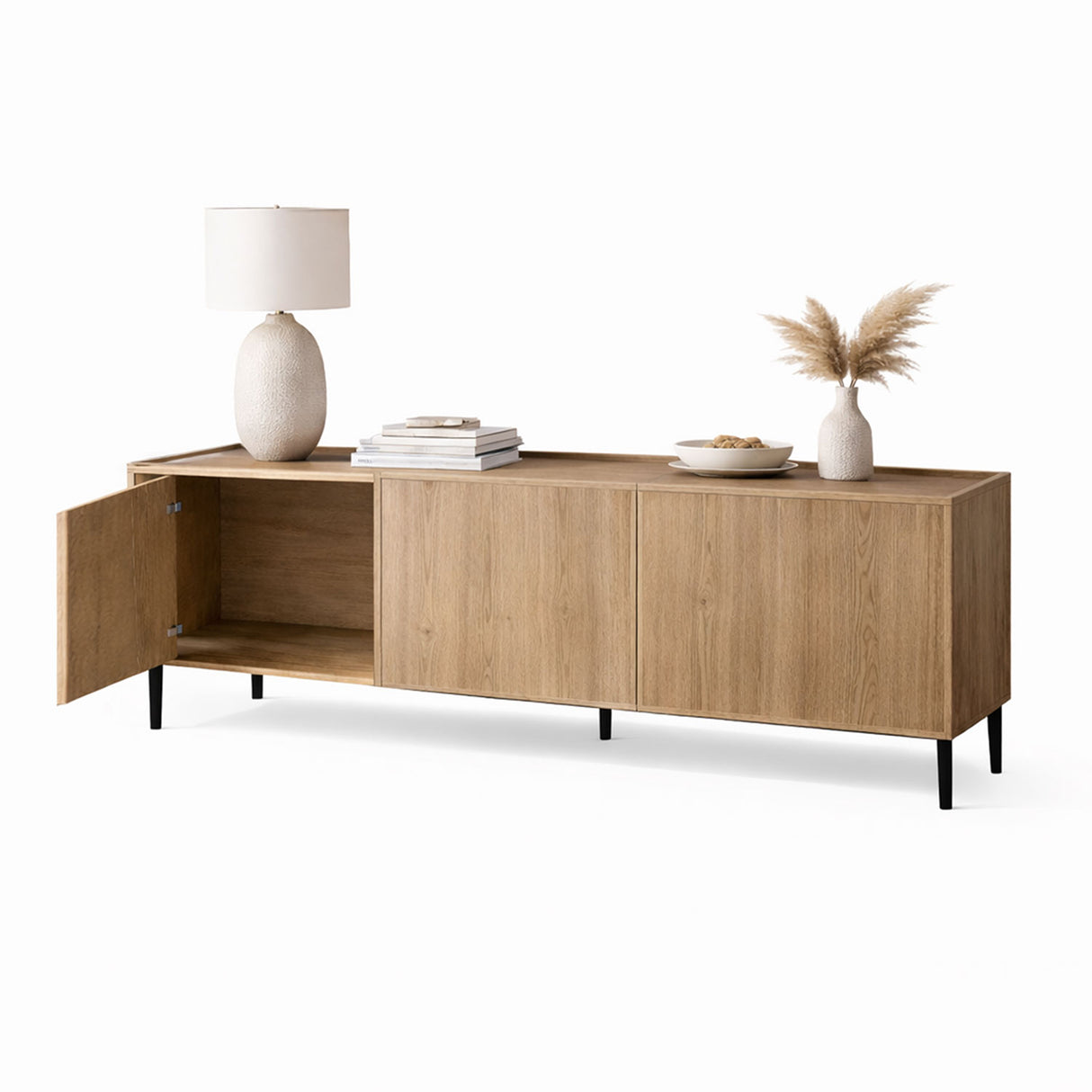 Mesa para TV Benito Madera Clara 150x50cm para TV Hasta 65" Pulgadas con Tres Compartimientos