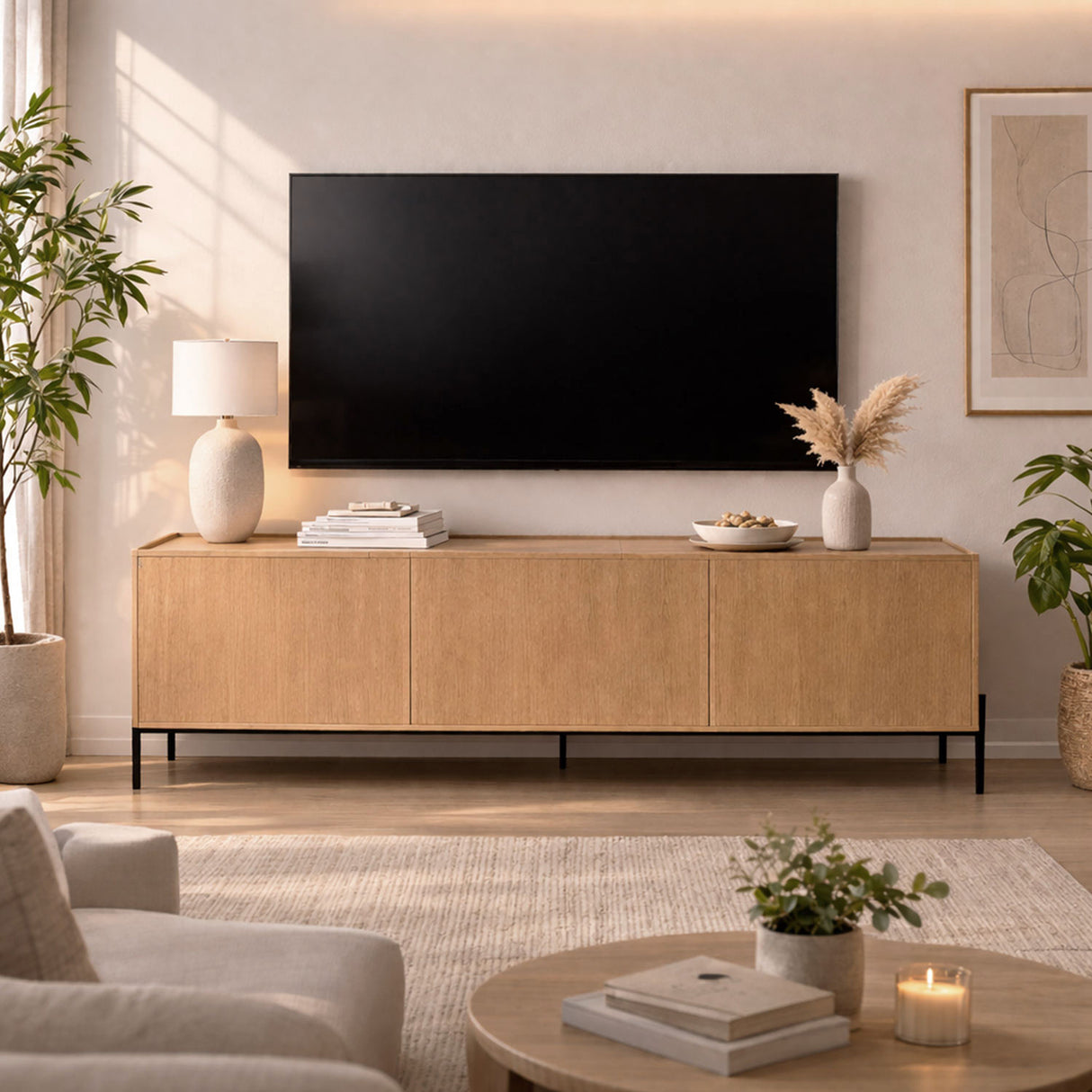 Mesa para TV Benito Madera Clara 150x50cm para TV Hasta 65" Pulgadas con Tres Compartimientos