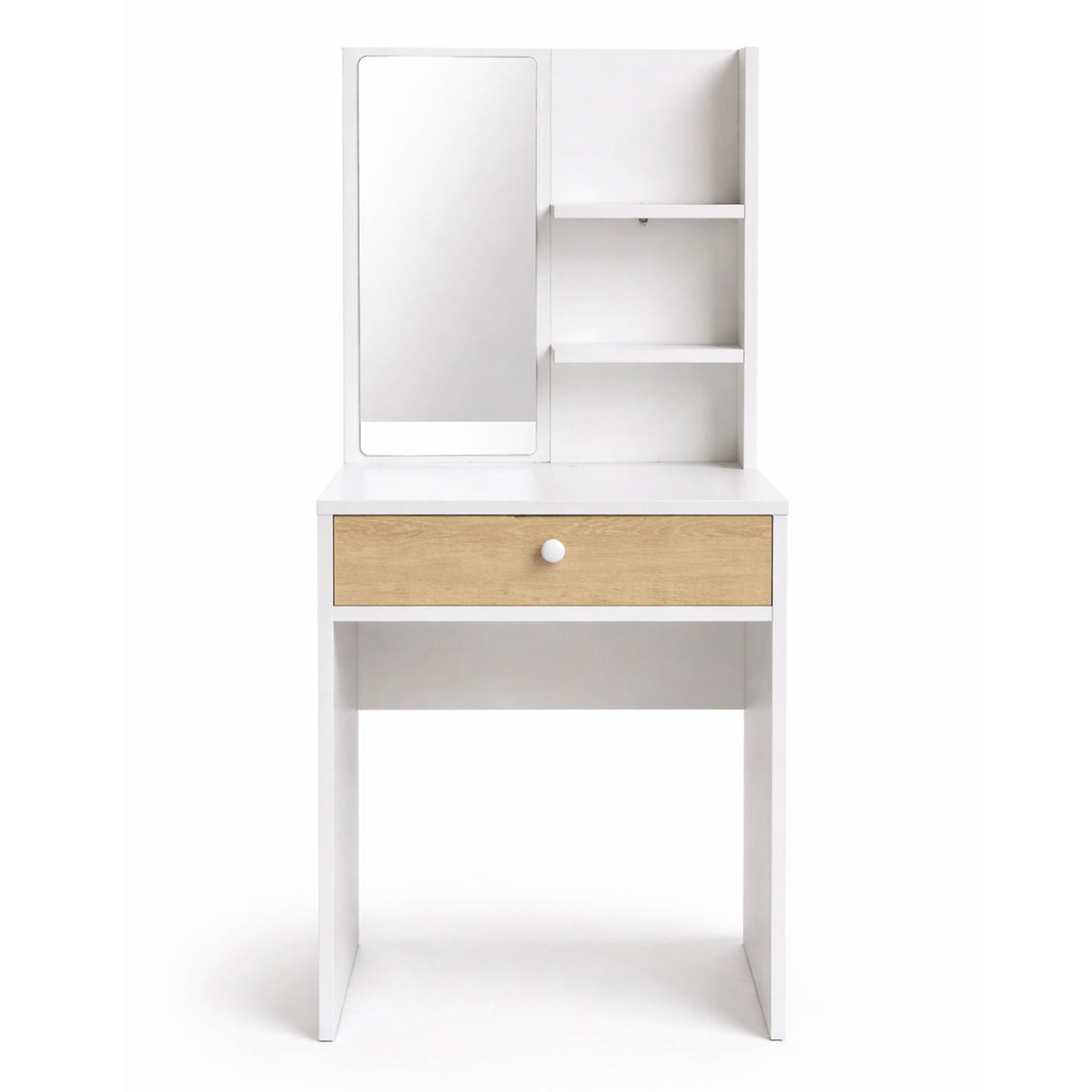 Combo Tocador Touluse Blanco y Madera Clara 140x40cm con Espejo y con Una Silla Blanca