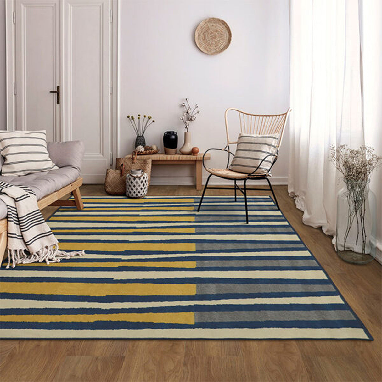 Alfombra Oregon Amarillo y Azul 200x150cm Rectangular Suave para Dormitorio de Lineas