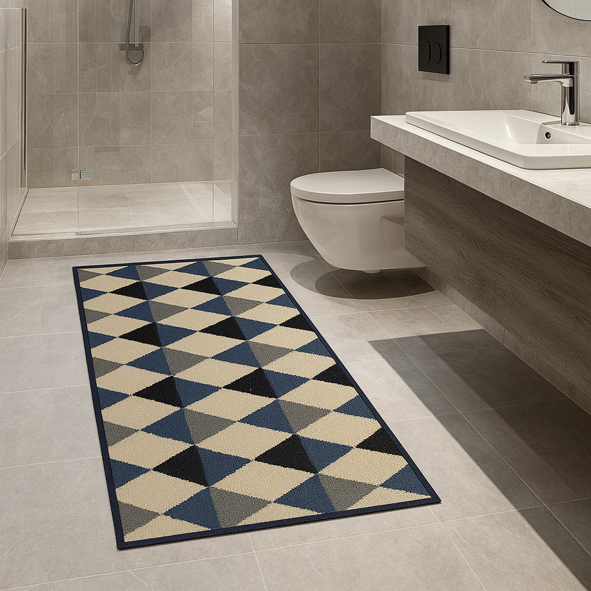 Alfombra Oregon Azul y Negro 100x50cm Rectangular Suave para Banho de Rombos