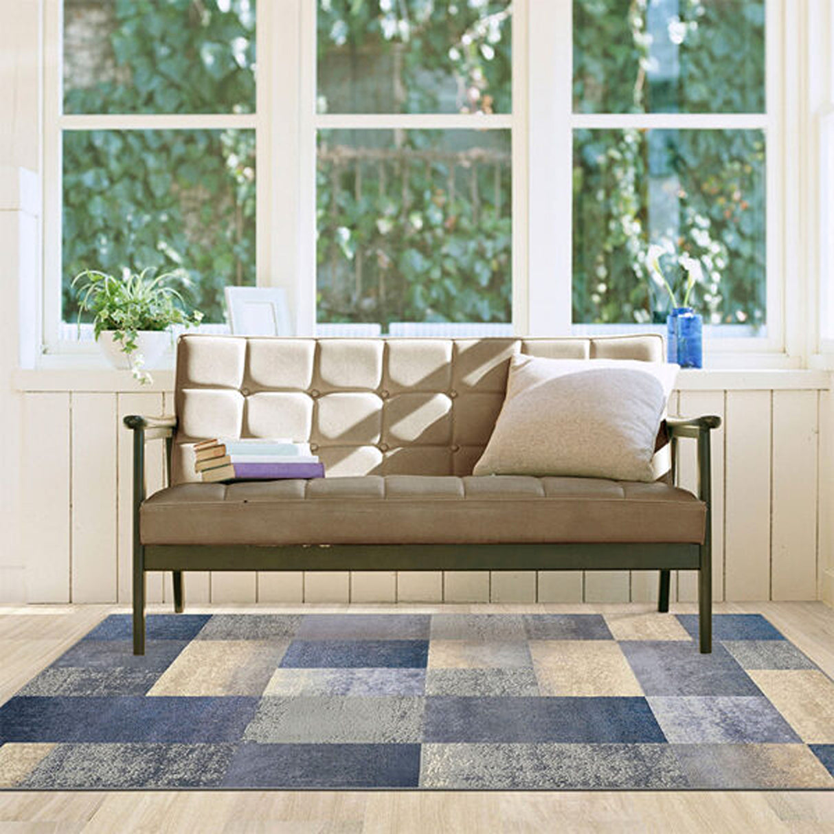 Alfombra Florida Azul y Beige 200x150cm Rectangular Suave para Dormitorio de Cuadros Y Rectangulos