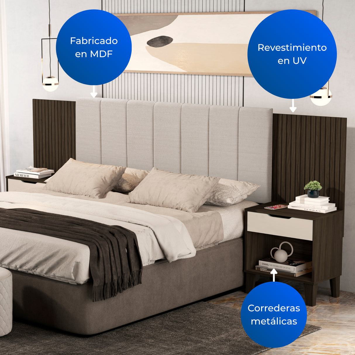Cabecero Ajustable Elena Café y Blanco 257x130cm Para Cama Doble