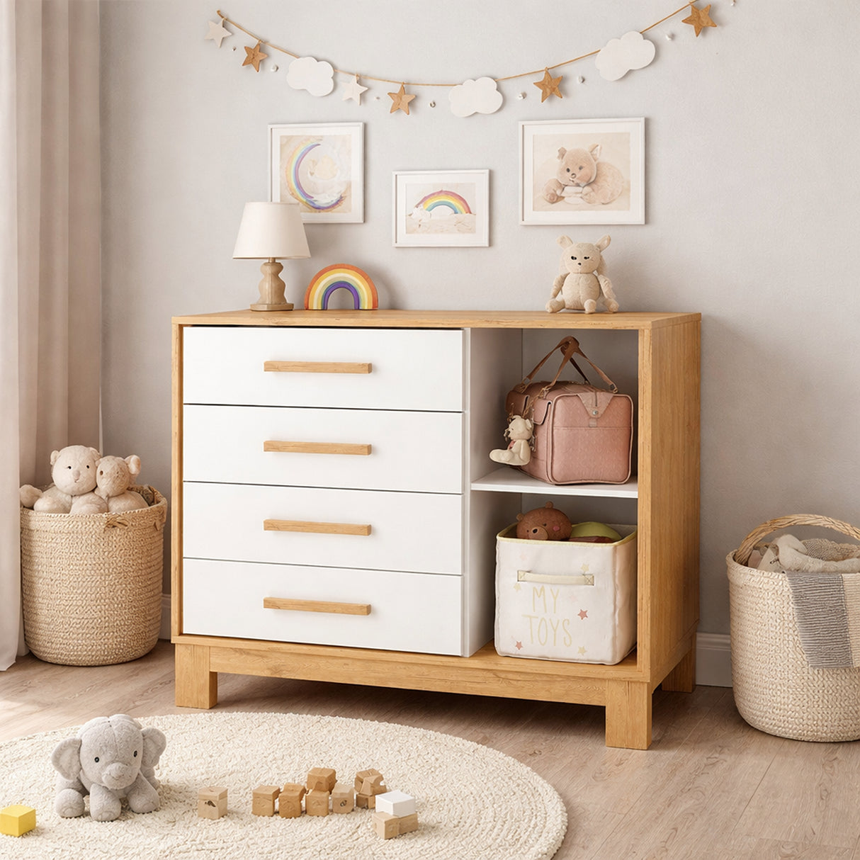 Cómoda Slim Almendra y Blanco 94x84cm de Cuatro Hileras con Cuatro Cajones