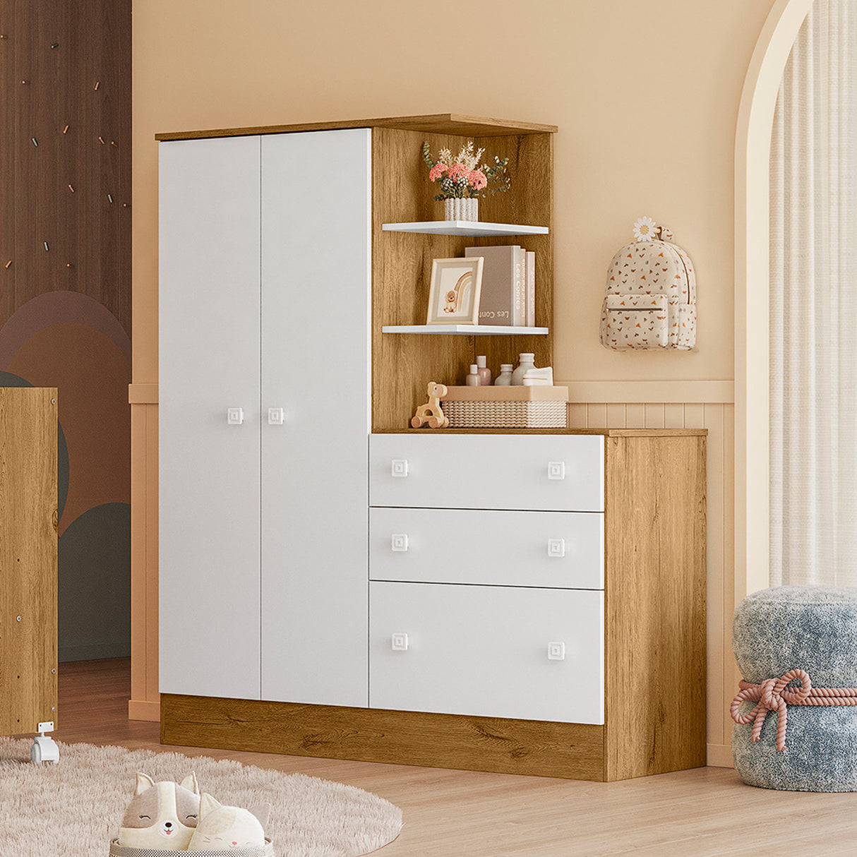 Cómoda con Closet Madrid Blanco y Almendra 120.6x141.8cm de Tres Hileras con Tres Cajones