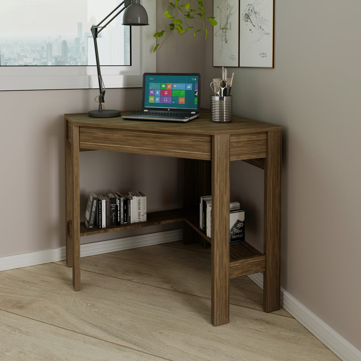 Escritorio Esquinero Dallas Nogal 76.5x74.5cm con Un Cajón y con Organizador de Libros