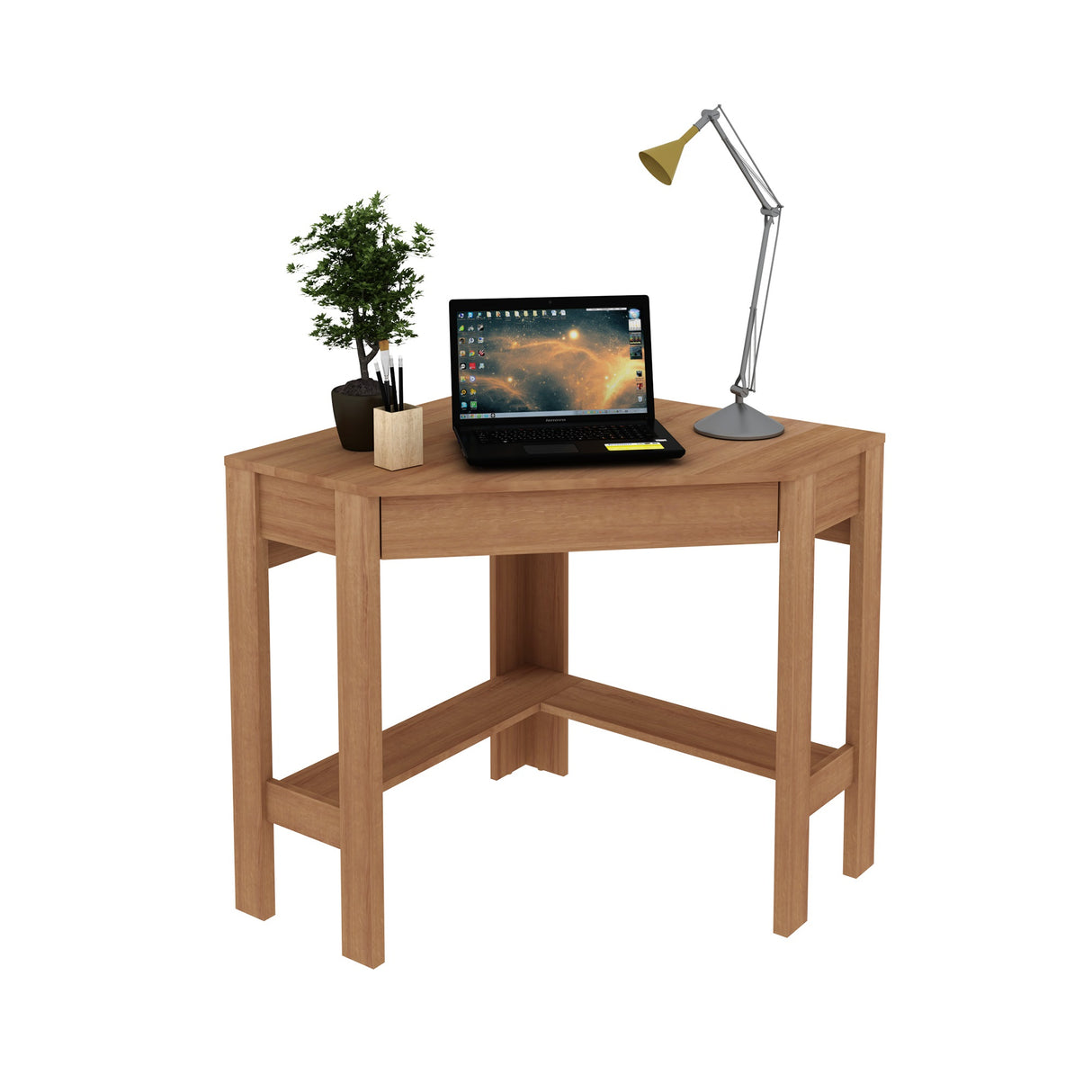 Escritorio Esquinero Dallas Almendra 76.5x74.5cm con Un Cajón y con Organizador de Libros