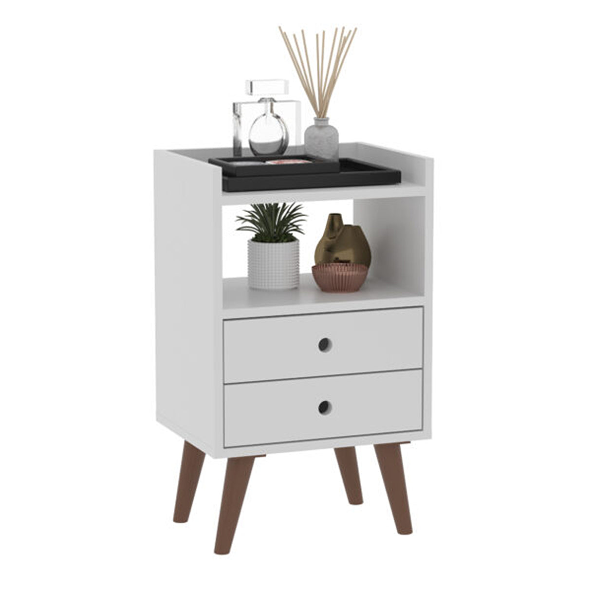 Mesa de noche Laos Blanco 38x63.5cm con Dos Cajones Un Compartimiento y con Patas