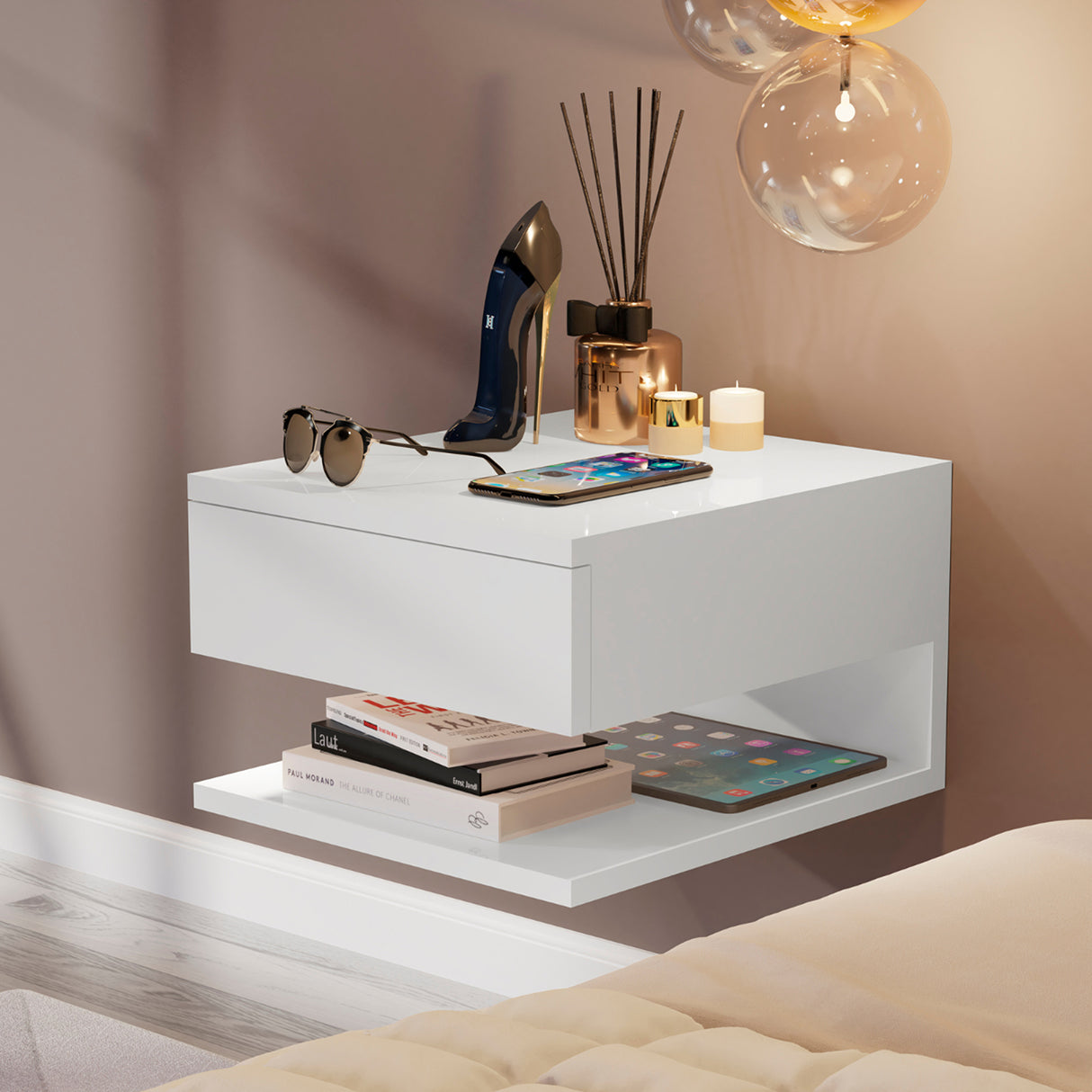 Mesa de noche Flotante Roma Blanco 30x20cm con Un Cajón y con Un Compartimiento