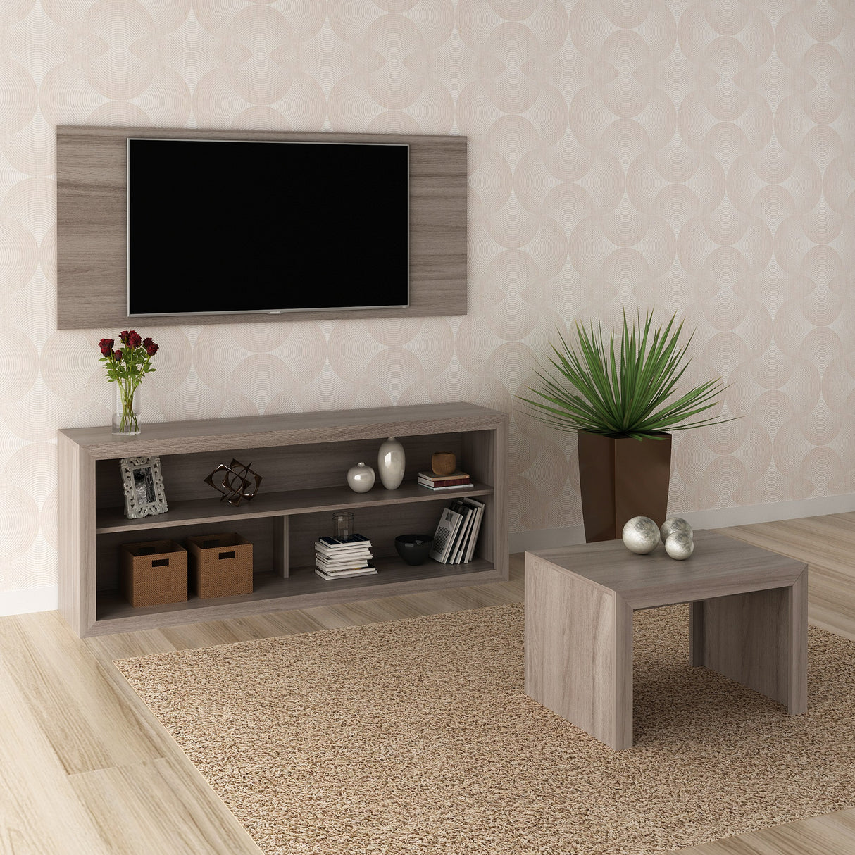 Combo Panel de TV Living Gris 136x60cm para TV Hasta 42" Pulgadas con Tres Compartimientos