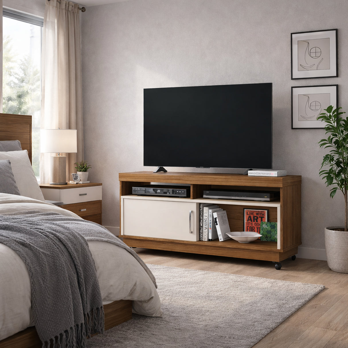 Mesa para TV Art Marrón y Blanco 121x61cm para TV Hasta 50" Pulgadas con Dos Compartimientos y con Dos Cajones