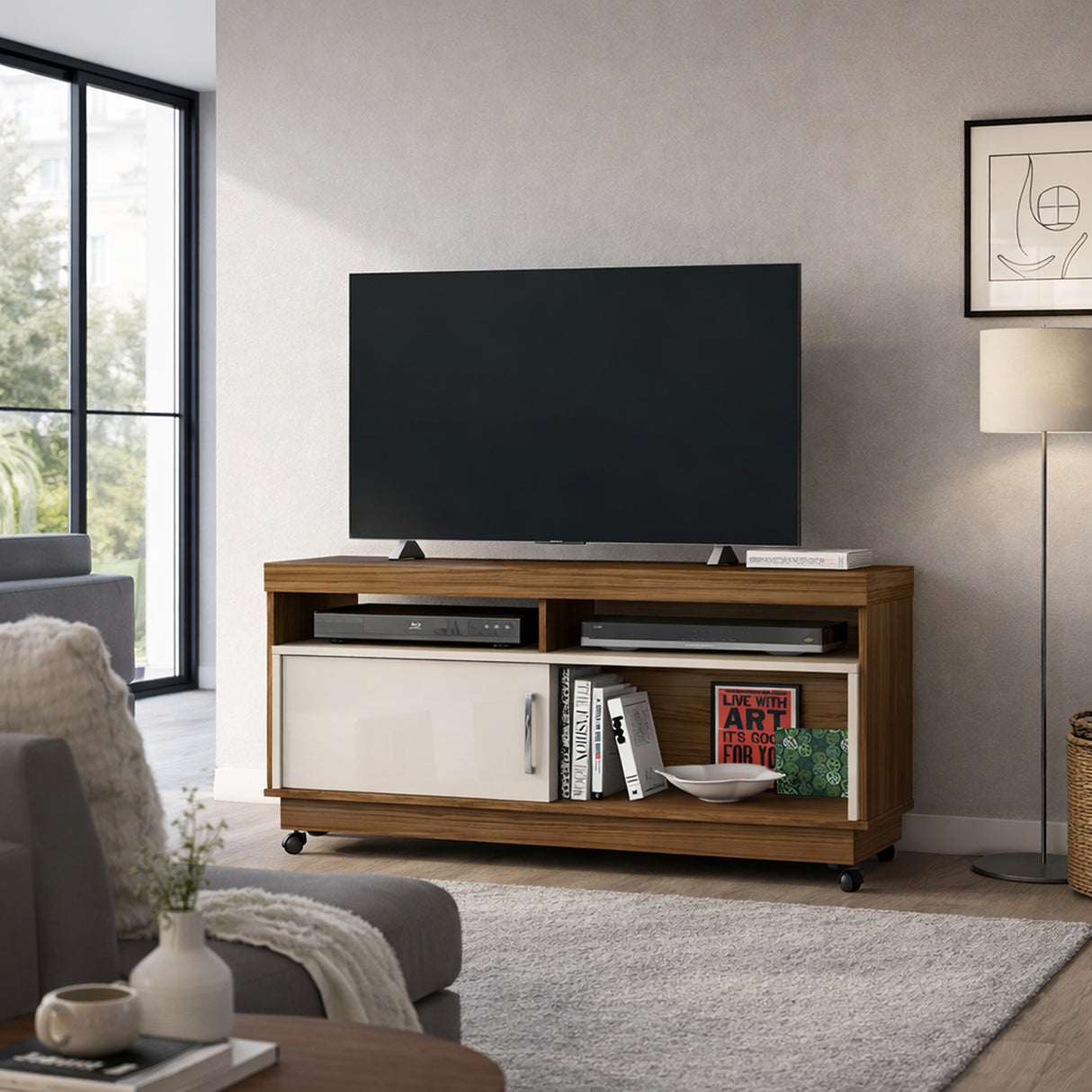 Mesa para TV Art Marrón y Blanco 121x61cm para TV Hasta 50" Pulgadas con Dos Compartimientos y con Dos Cajones