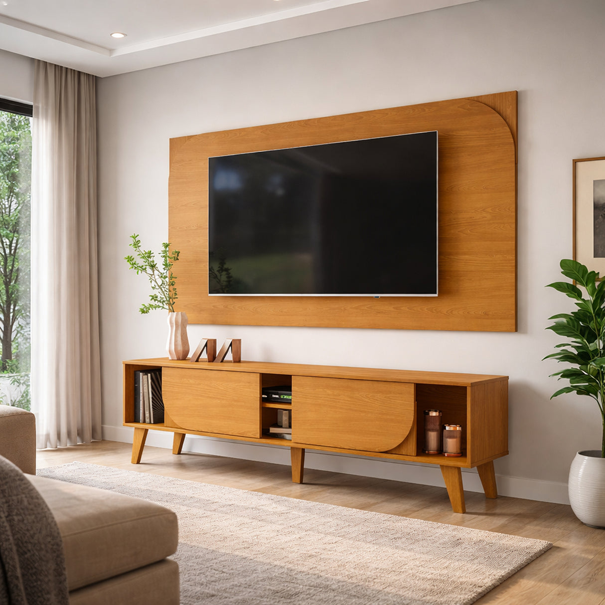 Combo Mueble y Panel de TV Juna Canela 182x98.5cm para TV Hasta 65" Pulgadas con Dos Compartimientos y con Dos Cajones