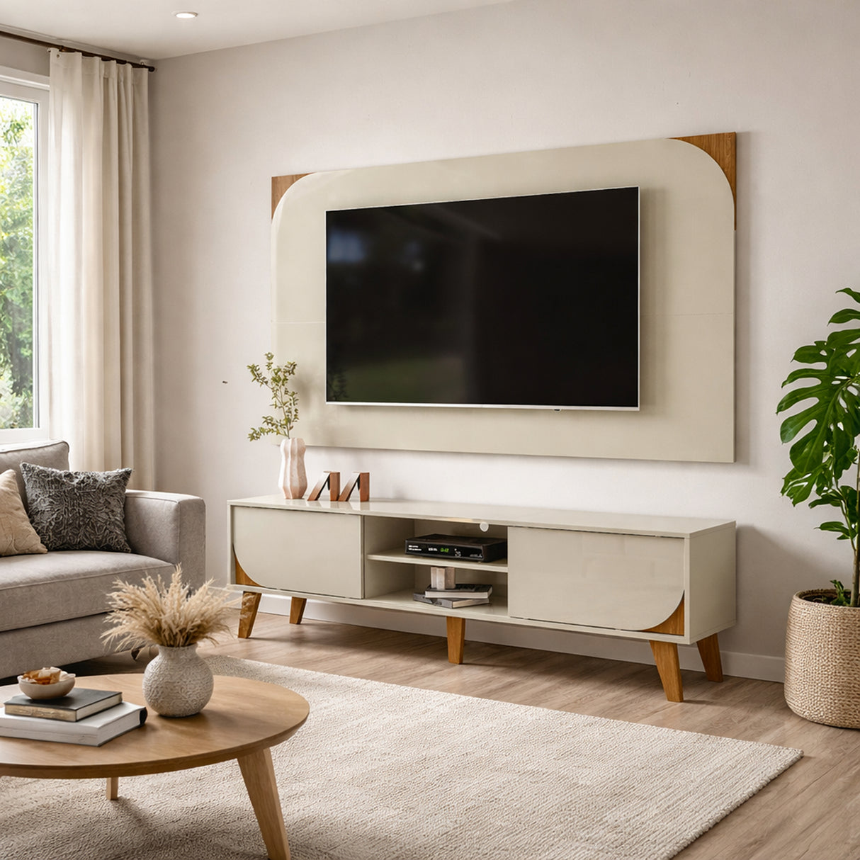 Combo Mueble y Panel de TV Juna Almendra y Blanco 182x98.5cm para TV Hasta 65" Pulgadas con Dos Compartimientos y con Dos Cajones