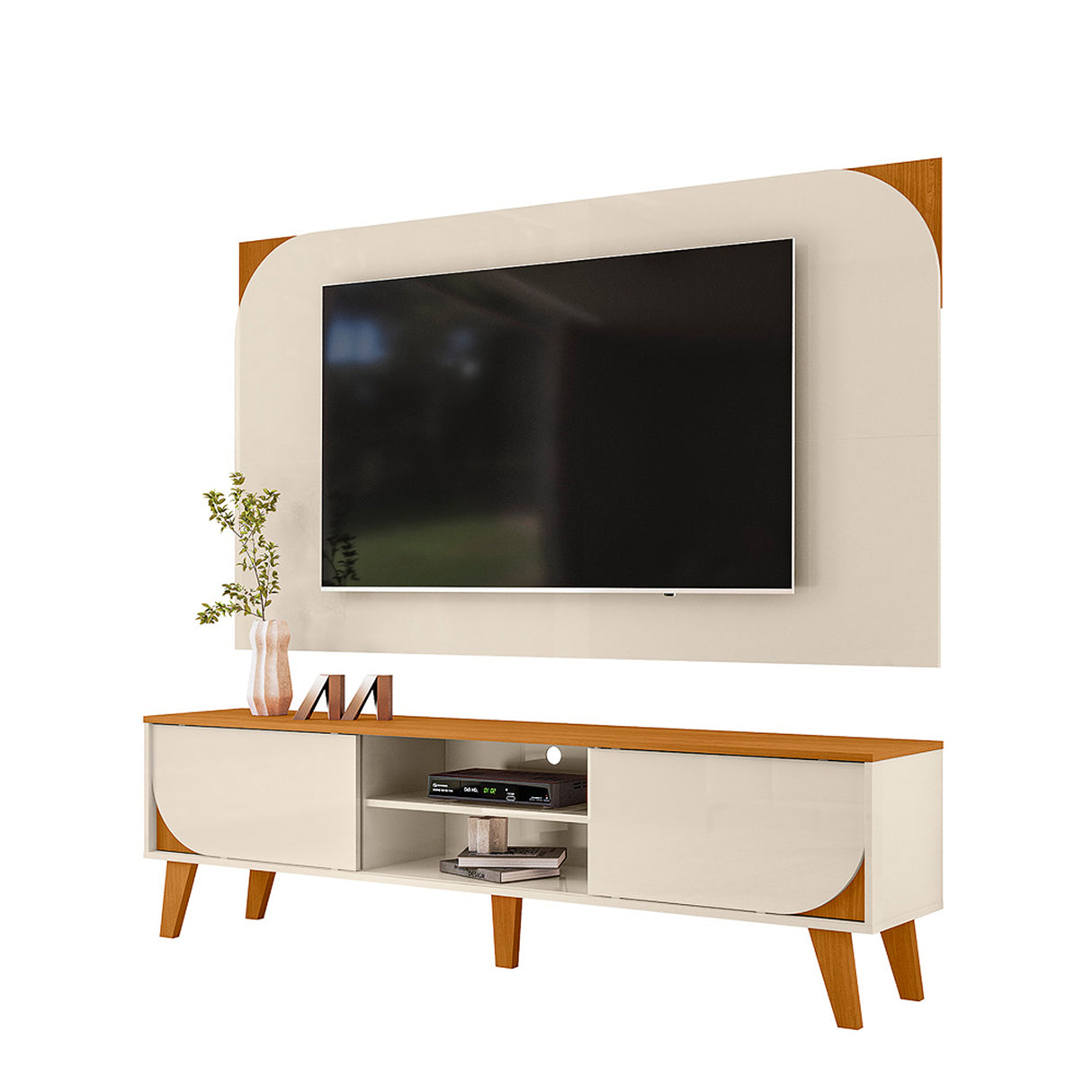 Combo Mueble y Panel de TV Juna Canela y Blanco 182x98.5cm para TV Hasta 65" Pulgadas con Dos Compartimientos y con Dos Cajones