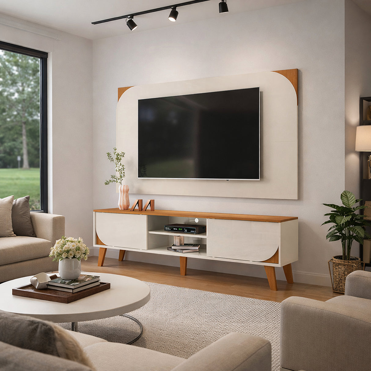 Combo Mueble y Panel de TV Juna Canela y Blanco 182x98.5cm para TV Hasta 65" Pulgadas con Dos Compartimientos y con Dos Cajones