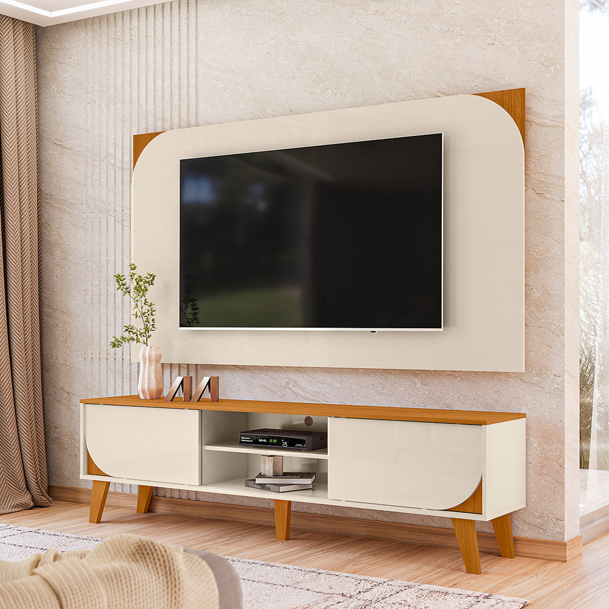 Combo Mueble y Panel de TV Juna Canela y Blanco 182x98.5cm para TV Hasta 65" Pulgadas con Dos Compartimientos y con Dos Cajones