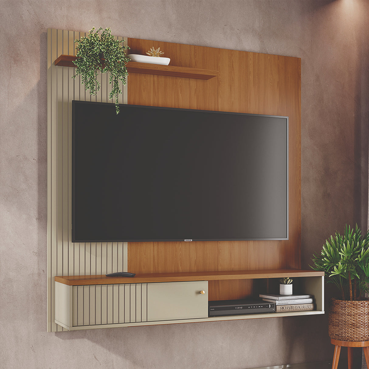 Panel de TV Aura Almendra y Blanco 160.5x162cm para TV Hasta 65" Pulgadas con Dos Compartimientos