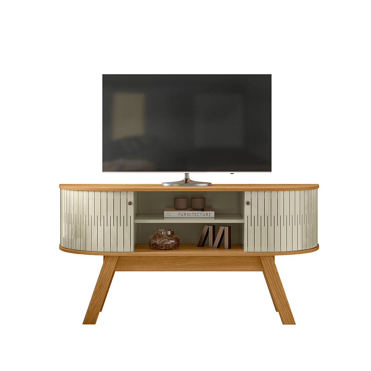 Mesa para TV Atlas Almendra y Blanco 136x68cm para TV Hasta 55" Pulgadas con Dos Compartimientos y con Dos Cajones