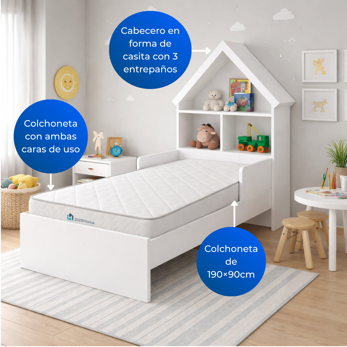 Combo Base Cama y Colchoneta Ariel Blanco 108x160cm con Cabecero y con Almacenamiento