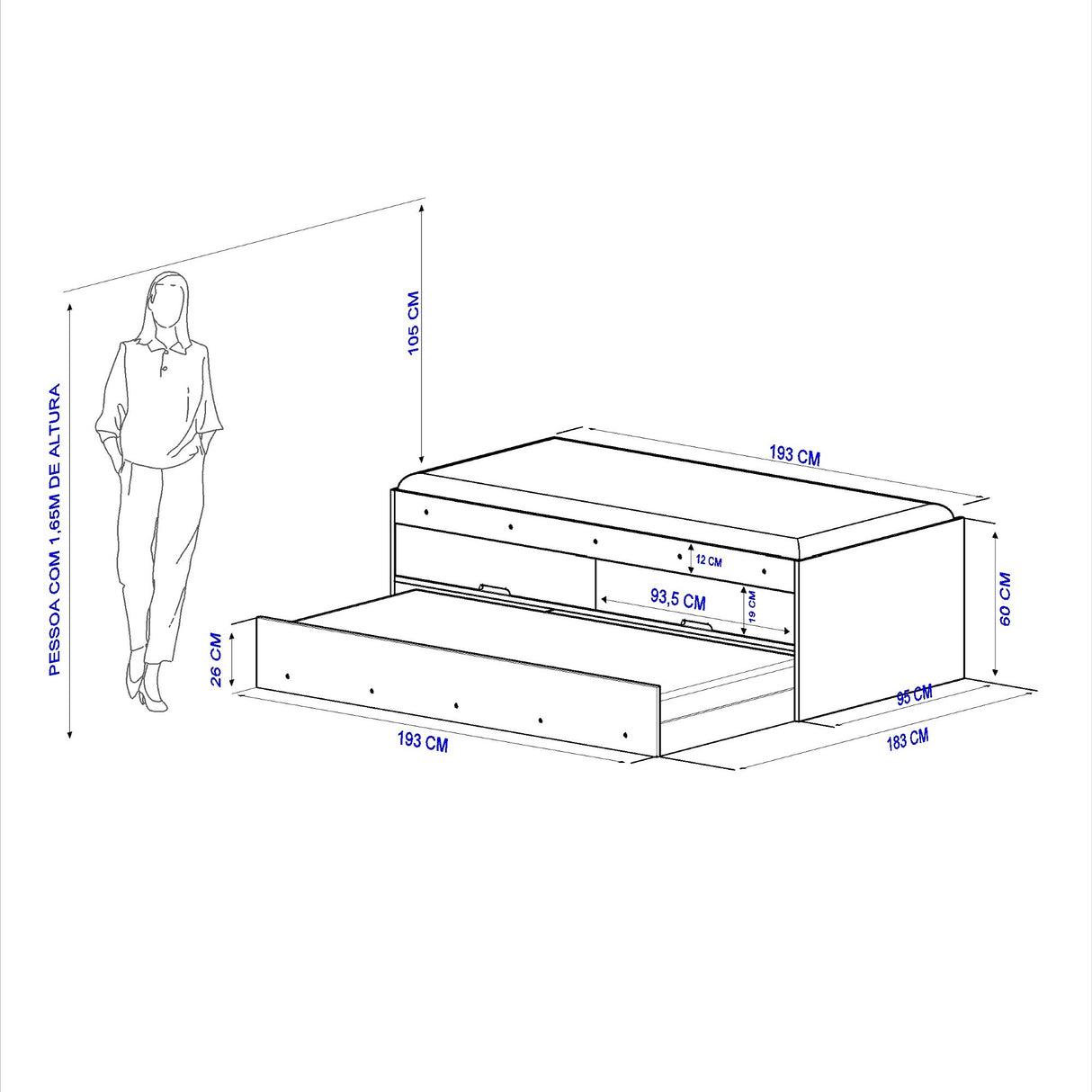 Cama Mar Blanco 95x60cm para Colchon Sencillo 90 X 190 Cm con Cabecero y con Almacenamiento