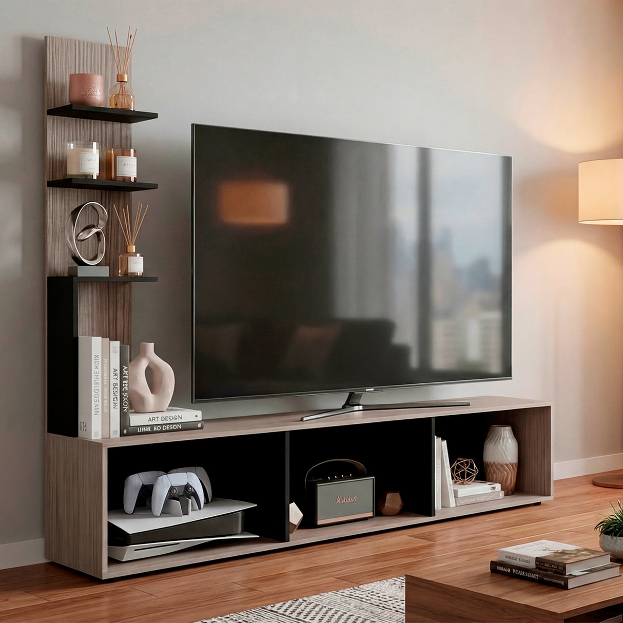 Centro de Entretenimiento Canarias Plus Positano y Wengue 190x161cm para TV Hasta 65" Pulgadas con Tres Compartimientos