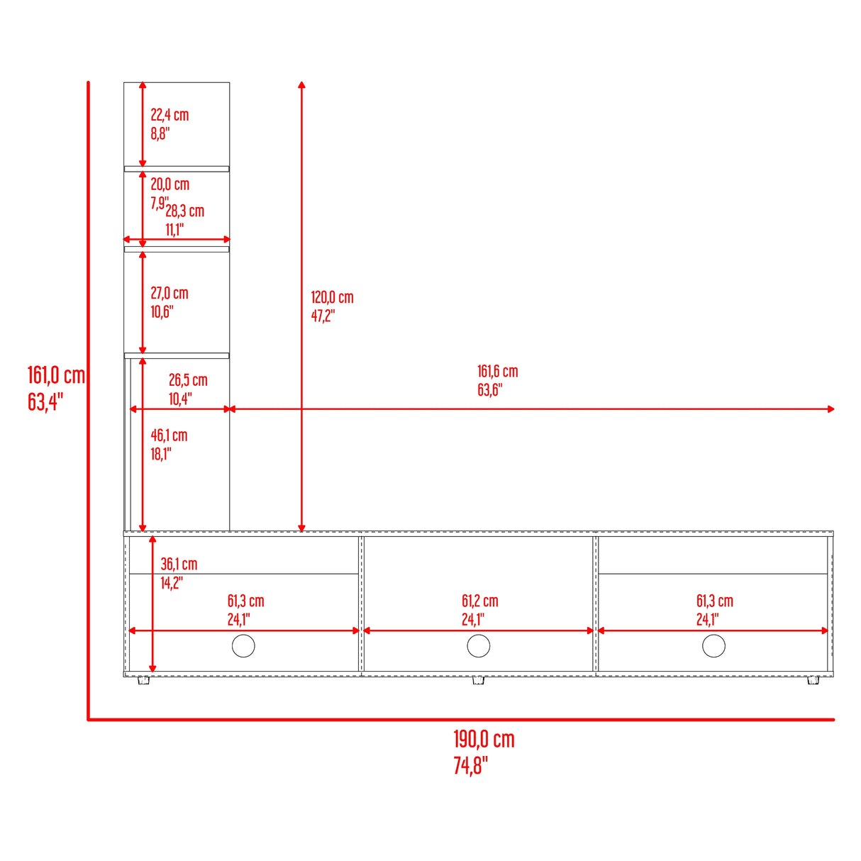 Centro de Entretenimiento Canarias Plus Positano y Wengue 190x161cm para TV Hasta 65" Pulgadas con Tres Compartimientos