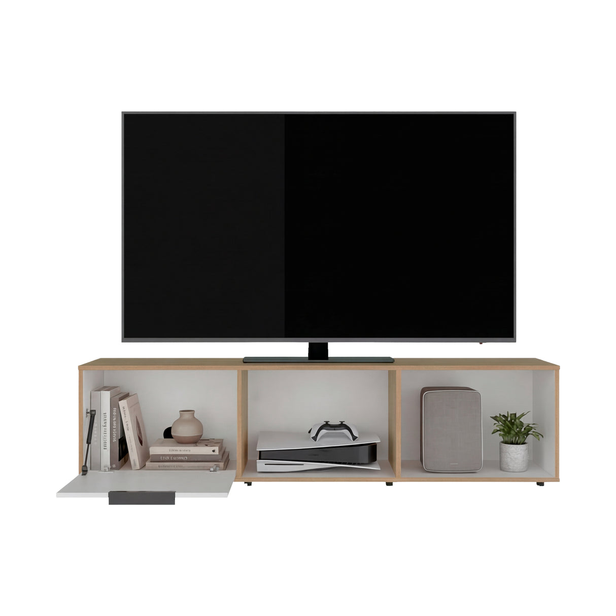 Rack de TV Dorne Fresno Europeo y Blanco 162x41.1cm para TV Hasta 65" Pulgadas con Tres Compartimientos