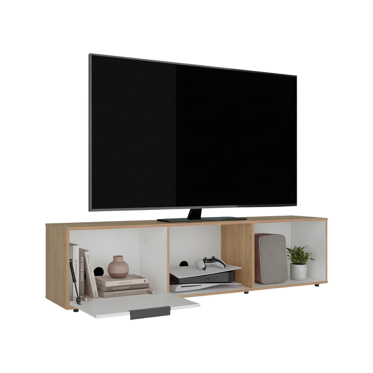 Rack de TV Dorne Fresno Europeo y Blanco 162x41.1cm para TV Hasta 65" Pulgadas con Tres Compartimientos