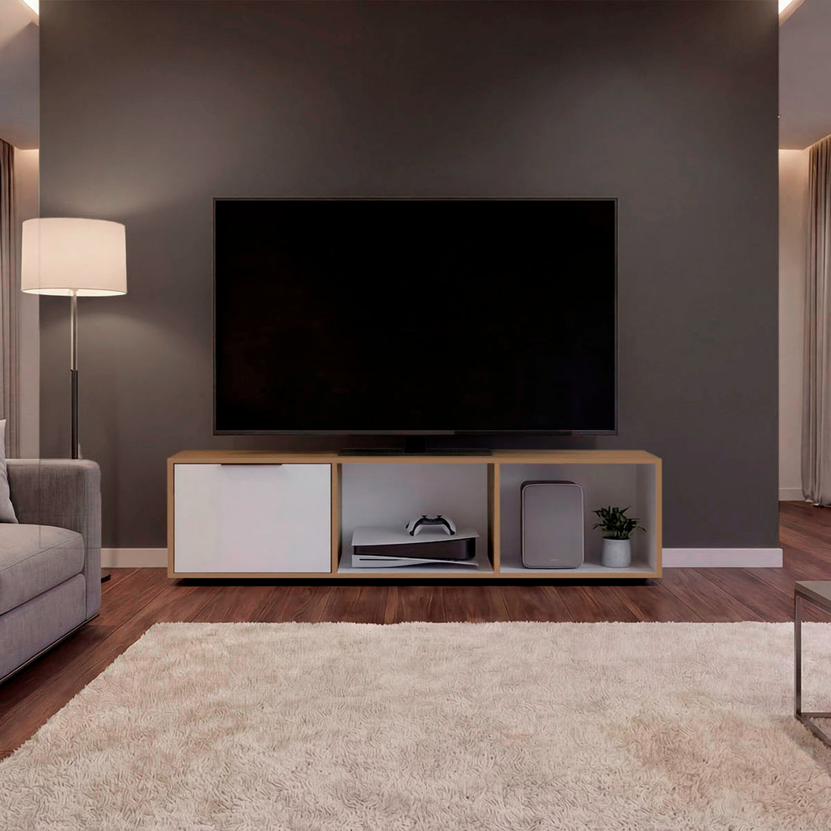 Rack de TV Dorne Fresno Europeo y Blanco 162x41.1cm para TV Hasta 65" Pulgadas con Tres Compartimientos