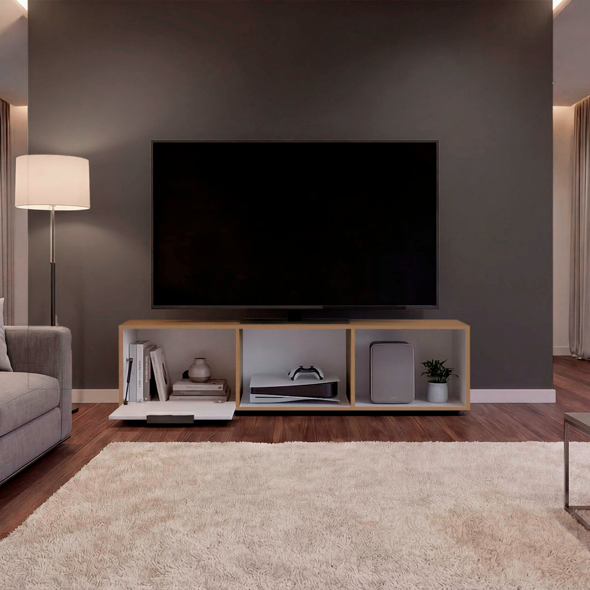 Rack de TV Dorne Fresno Europeo y Blanco 162x41.1cm para TV Hasta 65" Pulgadas con Tres Compartimientos