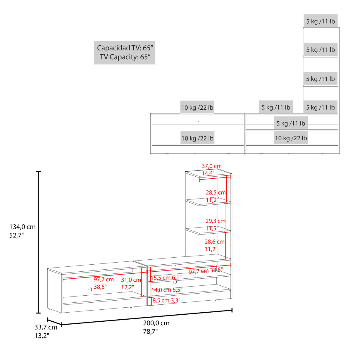Centro de Entretenimiento Delmar Fresno Europeo 200x134cm para TV Hasta 65" Pulgadas con Tres Compartimientos
