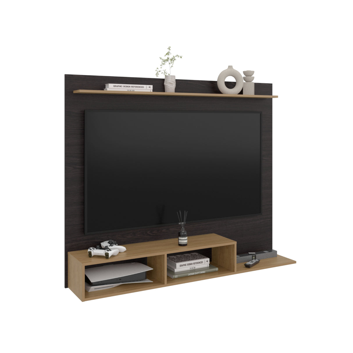 Panel de TV Munt Wengue y Fresno Europeo 160x130cm para TV Hasta 70" Pulgadas con Dos Compartimientos