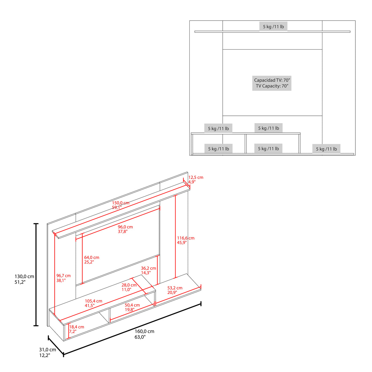 Panel de TV Munt Wengue y Fresno Europeo 160x130cm para TV Hasta 70" Pulgadas con Dos Compartimientos