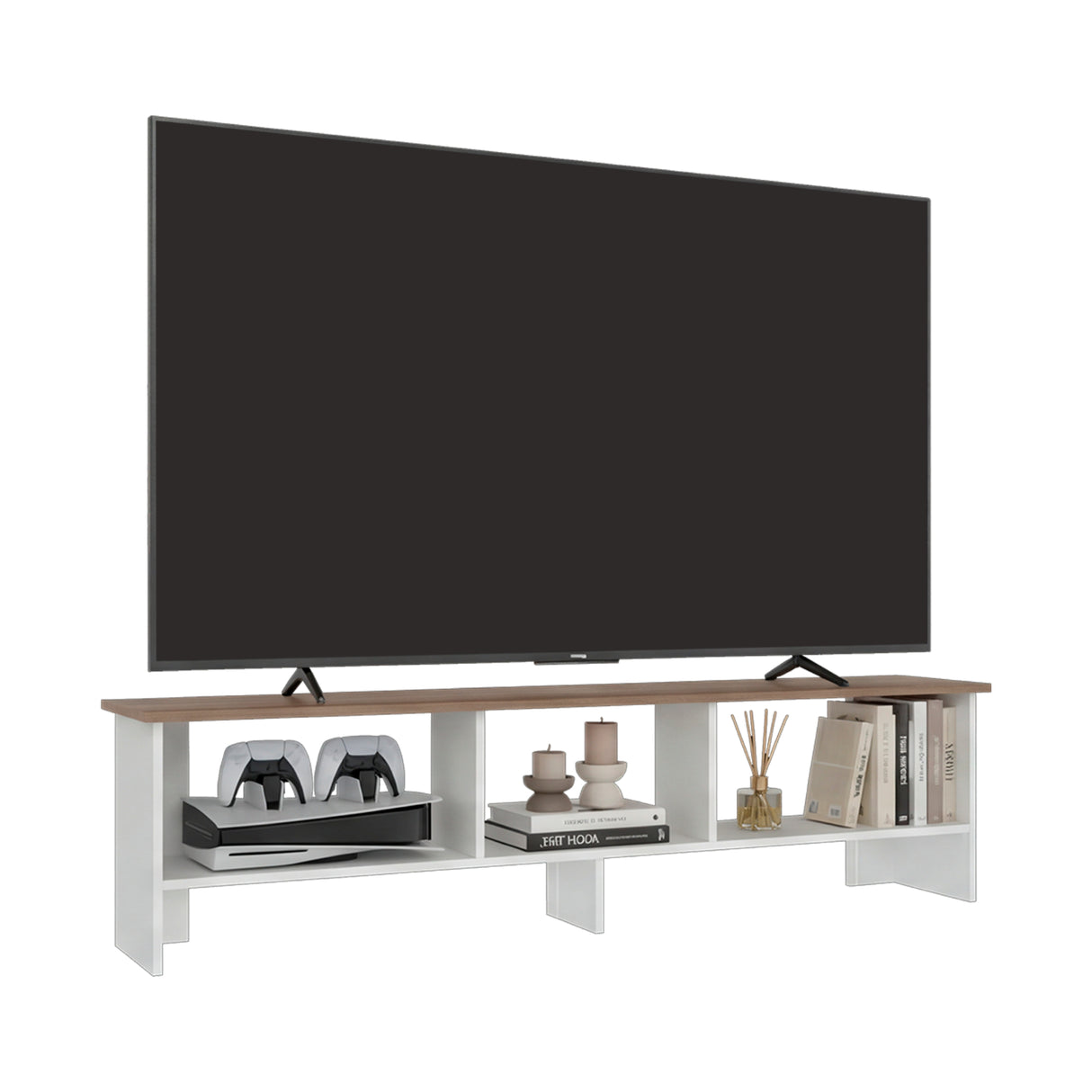 Rack de TV Belga Blanco y Fresno Europeo 160x41.8cm para TV Hasta 65" Pulgadas con Tres Compartimientos
