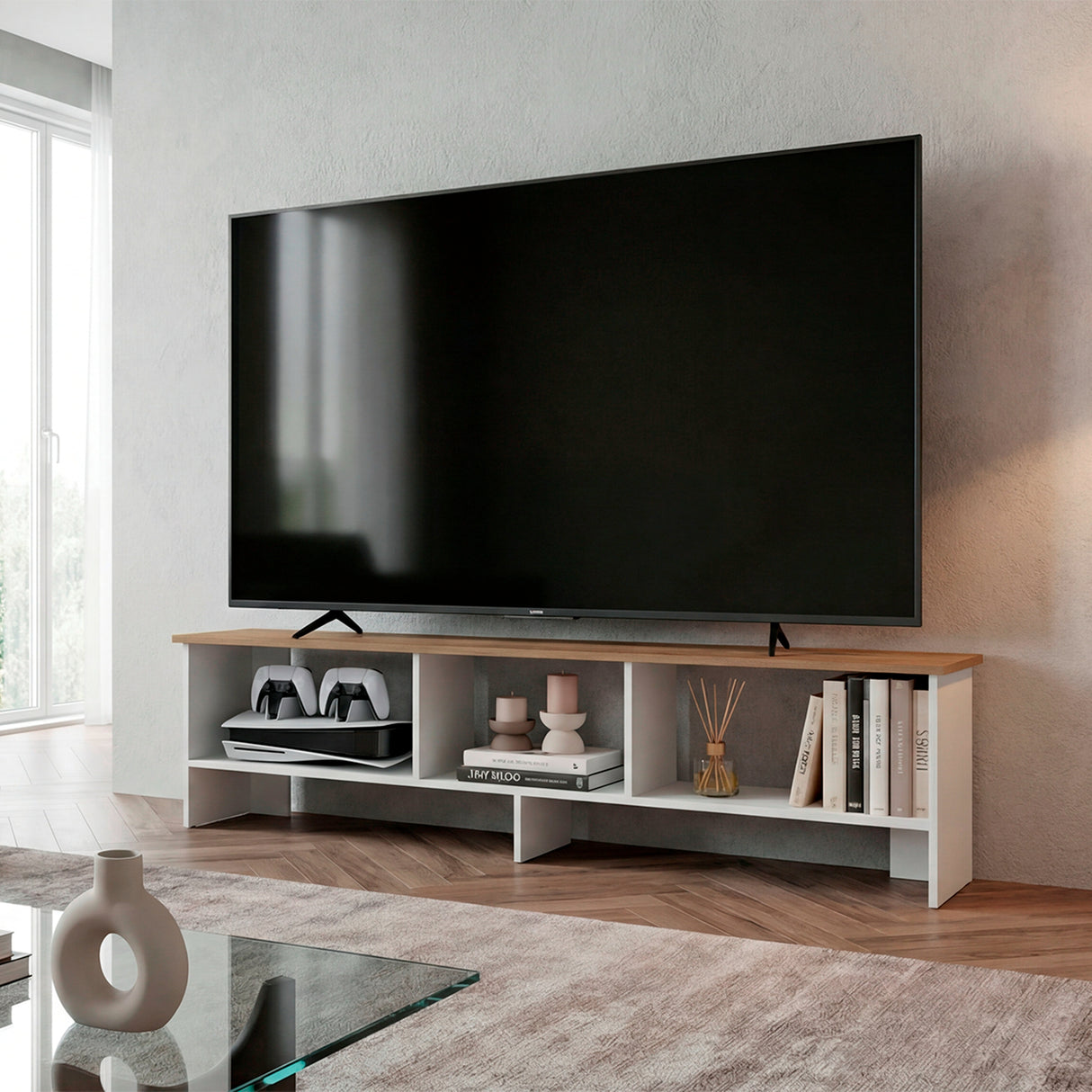 Rack de TV Belga Blanco y Fresno Europeo 160x41.8cm para TV Hasta 65" Pulgadas con Tres Compartimientos