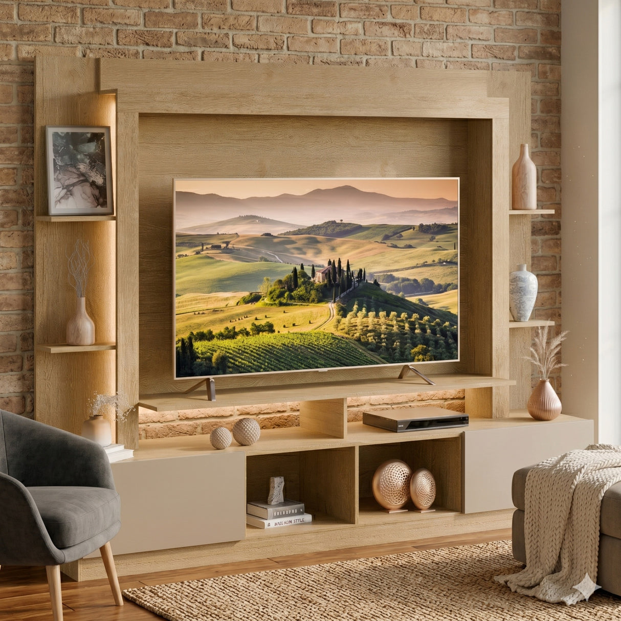 Centro de Entretenimiento Berlin Castaño 213x171cm para TV Hasta 60" Pulgadas con Cuatro Compartimientos