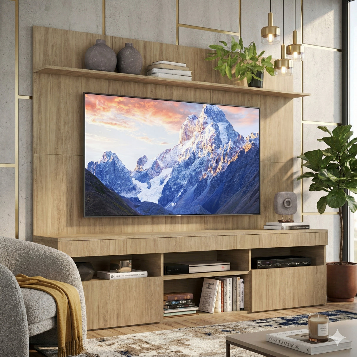 Rack con Panel Madrid Castaño 175x164cm para TV Hasta 55" Pulgadas con Cinco Compartimientos