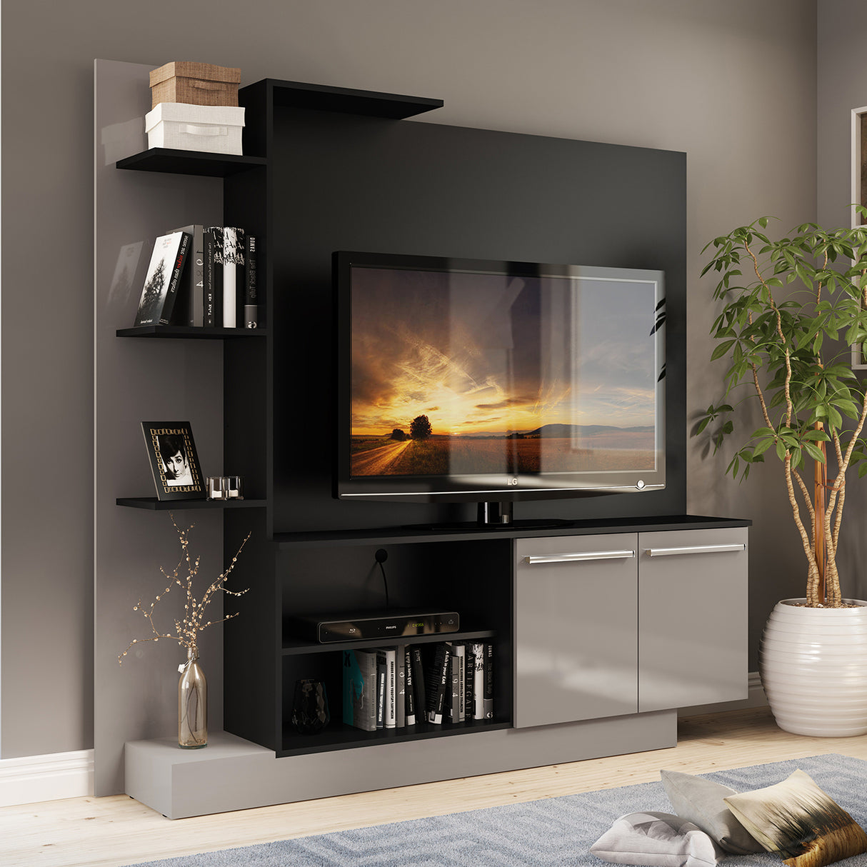 Centro de Entretenimiento Colon Negro 165x164cm para TV Hasta 50" Pulgadas con Tres Compartimientos