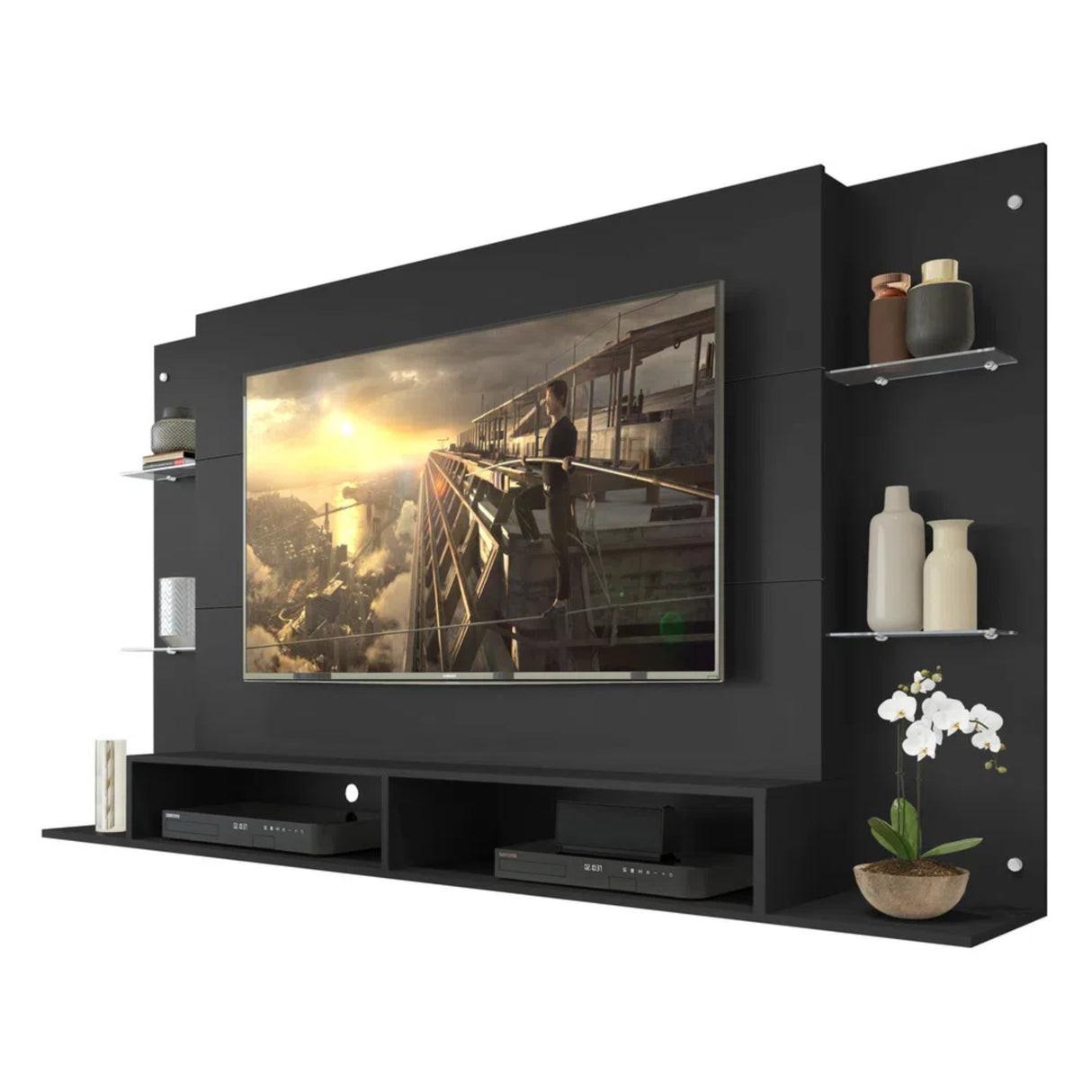 Panel de TV Braga Negro 191x108cm para TV Hasta 55" Pulgadas con Dos Compartimientos