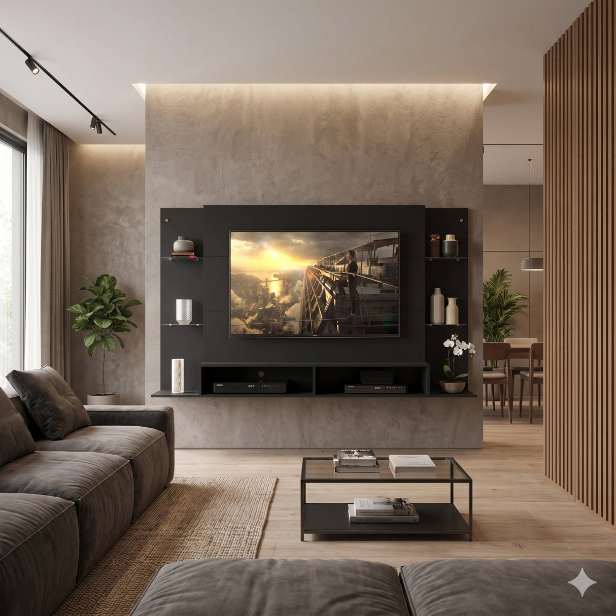 Panel de TV Braga Negro 191x108cm para TV Hasta 55" Pulgadas con Dos Compartimientos