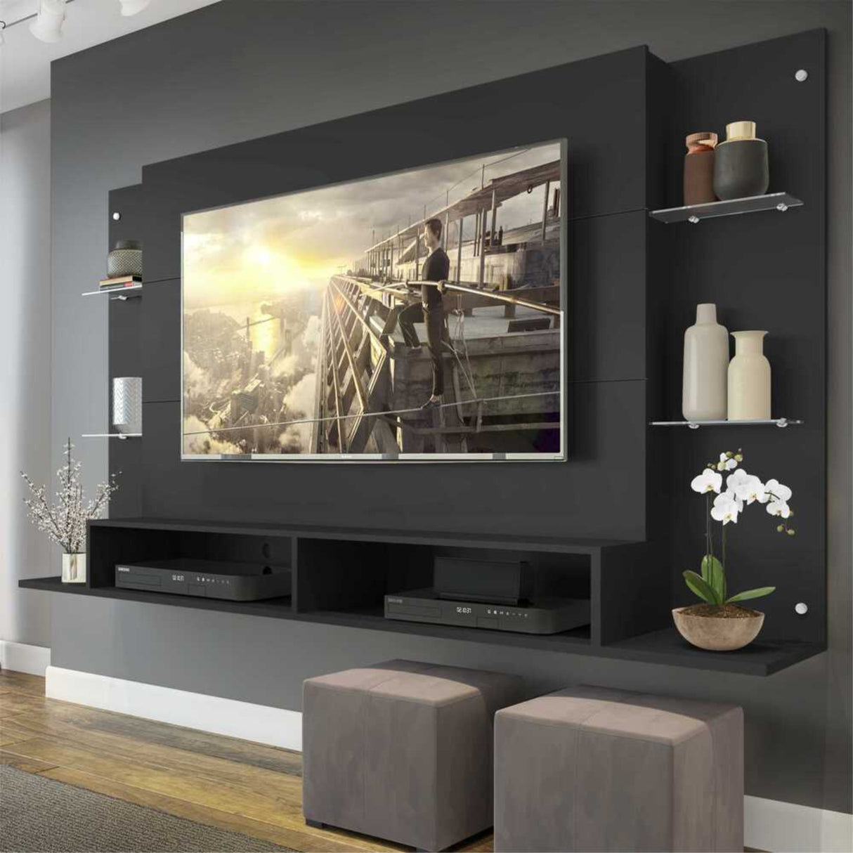 Panel de TV Braga Negro 191x108cm para TV Hasta 55" Pulgadas con Dos Compartimientos