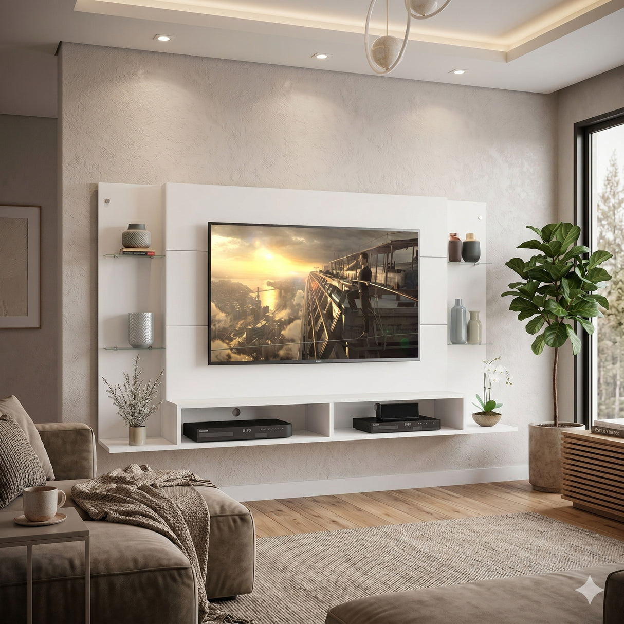 Panel de TV Braga Blanco 191x108cm para TV Hasta 55" Pulgadas con Dos Compartimientos