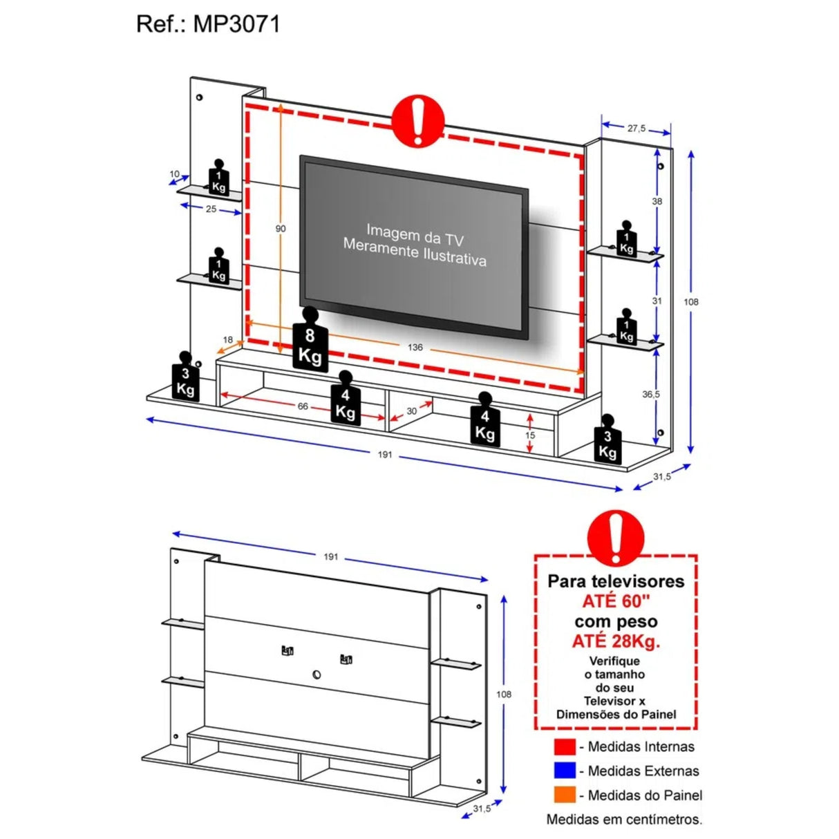 Panel de TV Braga Blanco 191x108cm para TV Hasta 55" Pulgadas con Dos Compartimientos